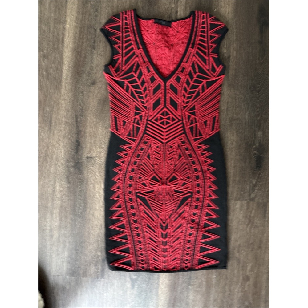 RVN Black Red Intarsia Knit Fit Bodycon Mini Dress Cap Sleeve Medium USA MINT
